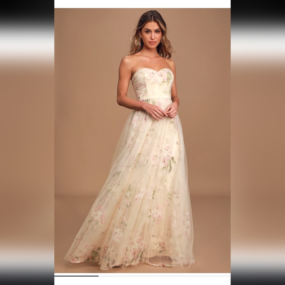 Refinement Lulu's Beige Floral Print Ruched Strapless Maxi Dress